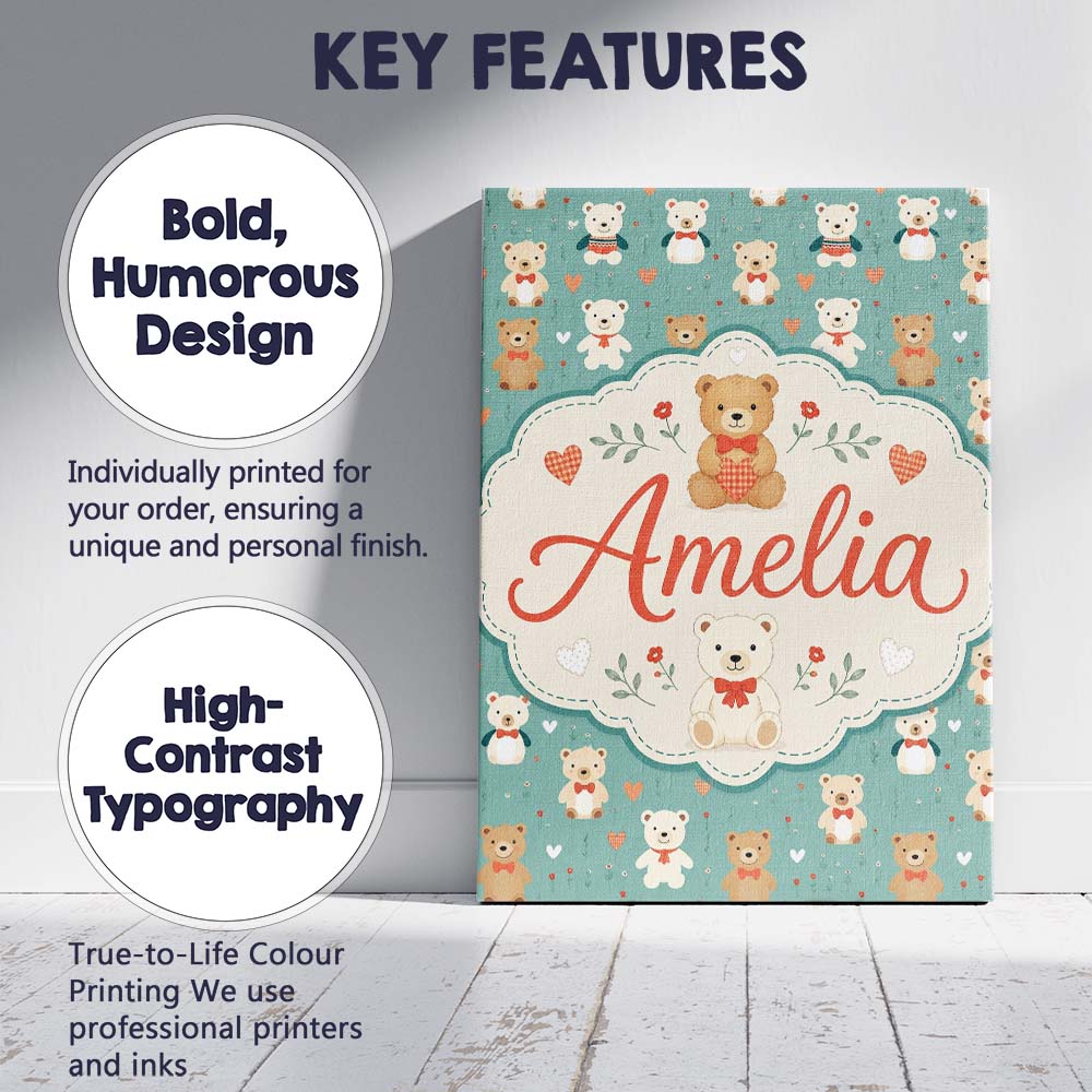 Personalised Name Cute Teddy Bears with Custom  Modern Room Accent Elegant Feature Canvas Wall Art Print Decor Picture Ready to Hang