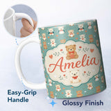 Personalized Custom Name Cute Teddy Bears with Bows and Hearts on Teal Background Seamless 11oz Ceramic Coffee Tea Mug White Large Handle