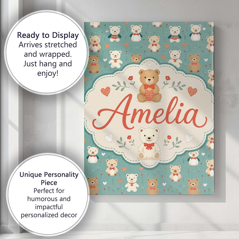 Personalised Name Cute Teddy Bears with Custom  Modern Room Accent Elegant Feature Canvas Wall Art Print Decor Picture Ready to Hang