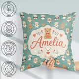 Custom Name Teddy Bears with Bows and Hearts on Teal Background Square Filled Cushion Throw Pillow Sofa Bed Home Decor Zip Washable UK Made