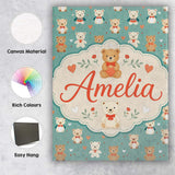 Personalised Name Cute Teddy Bears with Custom  Modern Room Accent Elegant Feature Canvas Wall Art Print Decor Picture Ready to Hang