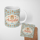 Personalized Custom Name Adorable Teddy Bears with Heart Motifs on Blue Background Seamless 11oz Ceramic Coffee Tea Mug White Large Handle