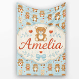 Adorable Teddy Bears with Heart Motifs on Blue Background Seamless  Personalised Custom Name Super Soft Fleece Blanket Bed Sofa Throw