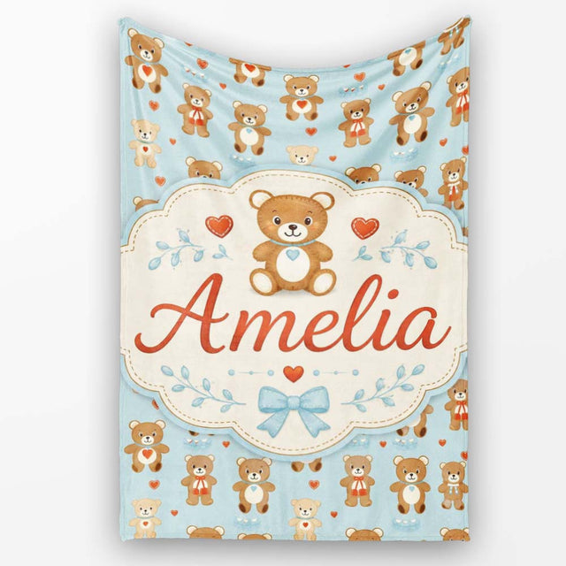 Adorable Teddy Bears with Heart Motifs on Blue Background Seamless  Personalised Custom Name Super Soft Fleece Blanket Bed Sofa Throw