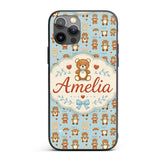 Adorable Teddy Bears with Heart Motifs on Blue Custom Name Protective Phone Case Mobile Cover Durable Everyday Smartphone Shock Resistant