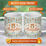 Personalized Custom Name Adorable Teddy Bears with Heart Motifs on Blue Background Seamless 11oz Ceramic Coffee Tea Mug White Large Handle