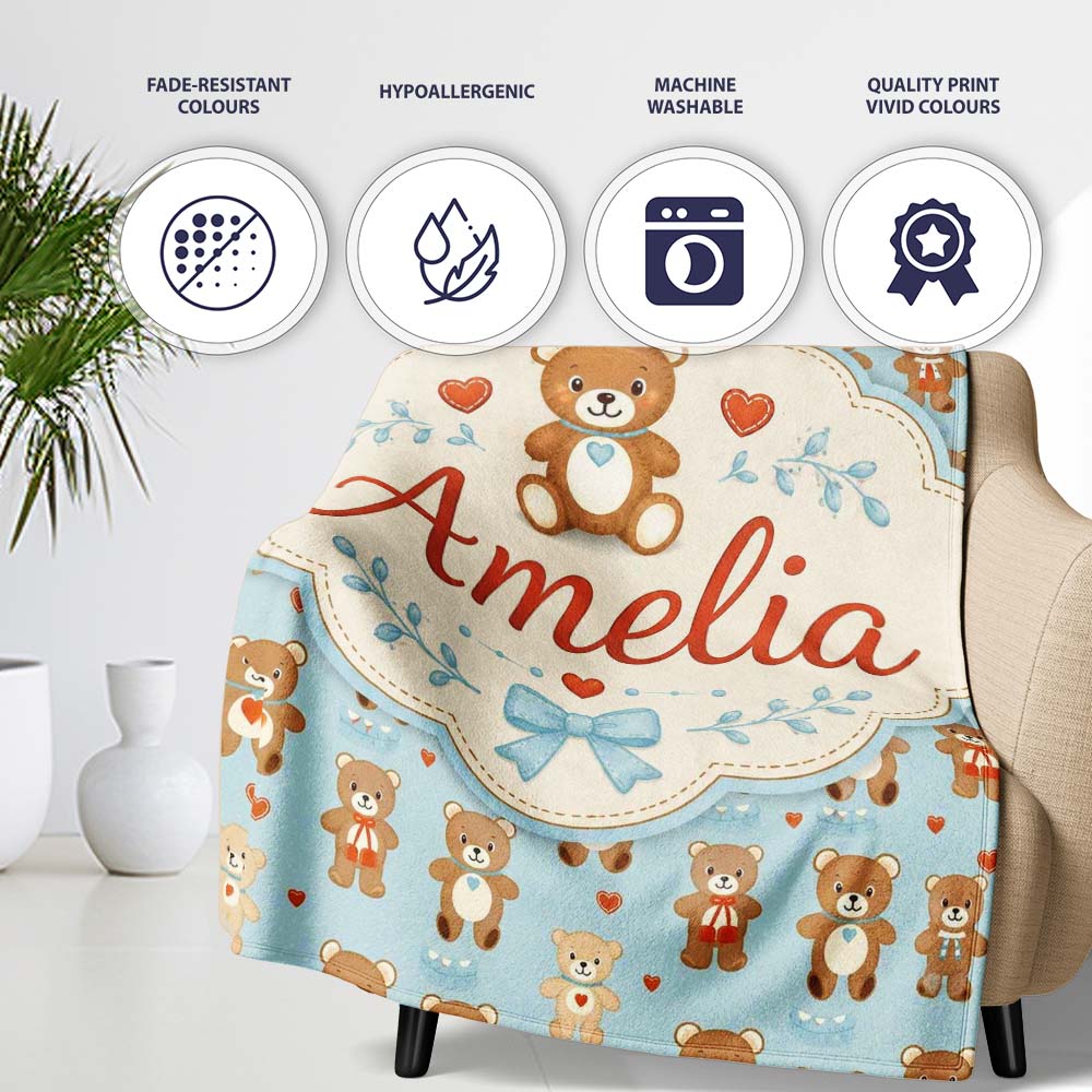 Adorable Teddy Bears with Heart Motifs on Blue Background Seamless  Personalised Custom Name Super Soft Fleece Blanket Bed Sofa Throw