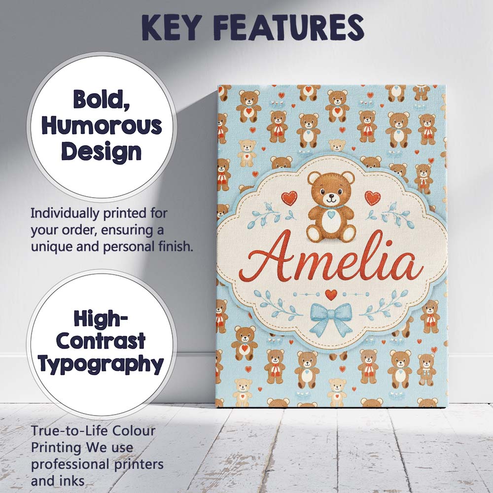 Personalised Name Adorable Teddy Bears with Custom  Bespoke Interior Contemporary Canvas Wall Art Print Decor Picture Ready to Hang