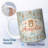 Personalized Custom Name Adorable Teddy Bears with Heart Motifs on Blue Background Seamless 11oz Ceramic Coffee Tea Mug White Large Handle