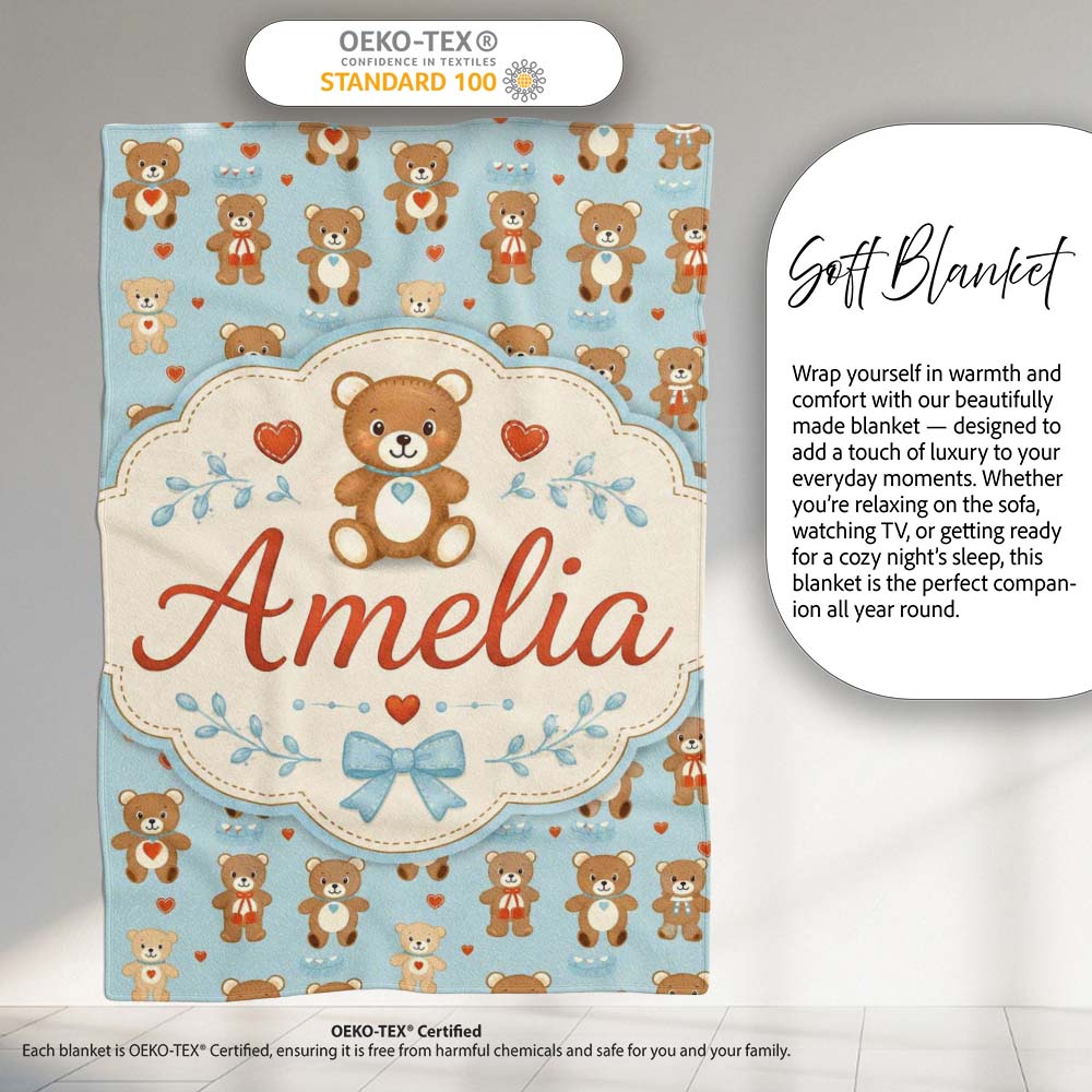 Adorable Teddy Bears with Heart Motifs on Blue Background Seamless  Personalised Custom Name Super Soft Fleece Blanket Bed Sofa Throw