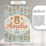 Adorable Teddy Bears with Heart Motifs on Blue Background Seamless  Personalised Custom Name Super Soft Fleece Blanket Bed Sofa Throw