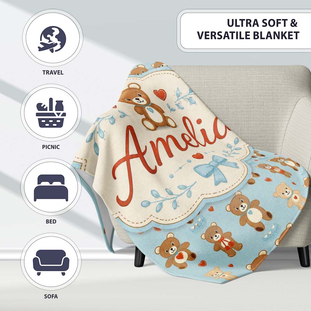 Adorable Teddy Bears with Heart Motifs on Blue Background Seamless  Personalised Custom Name Super Soft Fleece Blanket Bed Sofa Throw