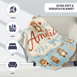 Adorable Teddy Bears with Heart Motifs on Blue Background Seamless  Personalised Custom Name Super Soft Fleece Blanket Bed Sofa Throw