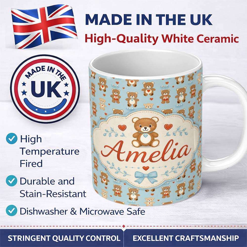 Personalized Custom Name Adorable Teddy Bears with Heart Motifs on Blue Background Seamless 11oz Ceramic Coffee Tea Mug White Large Handle