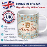 Personalized Custom Name Adorable Teddy Bears with Heart Motifs on Blue Background Seamless 11oz Ceramic Coffee Tea Mug White Large Handle