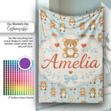 Adorable Teddy Bears with Heart Motifs on Blue Background Seamless  Personalised Custom Name Super Soft Fleece Blanket Bed Sofa Throw