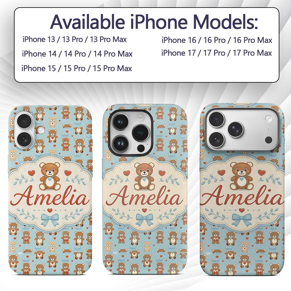 Adorable Teddy Bears with Heart Motifs on Blue Custom Name Protective Phone Case Mobile Cover Durable Everyday Smartphone Shock Resistant