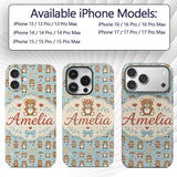 Adorable Teddy Bears with Heart Motifs on Blue Custom Name Protective Phone Case Mobile Cover Durable Everyday Smartphone Shock Resistant