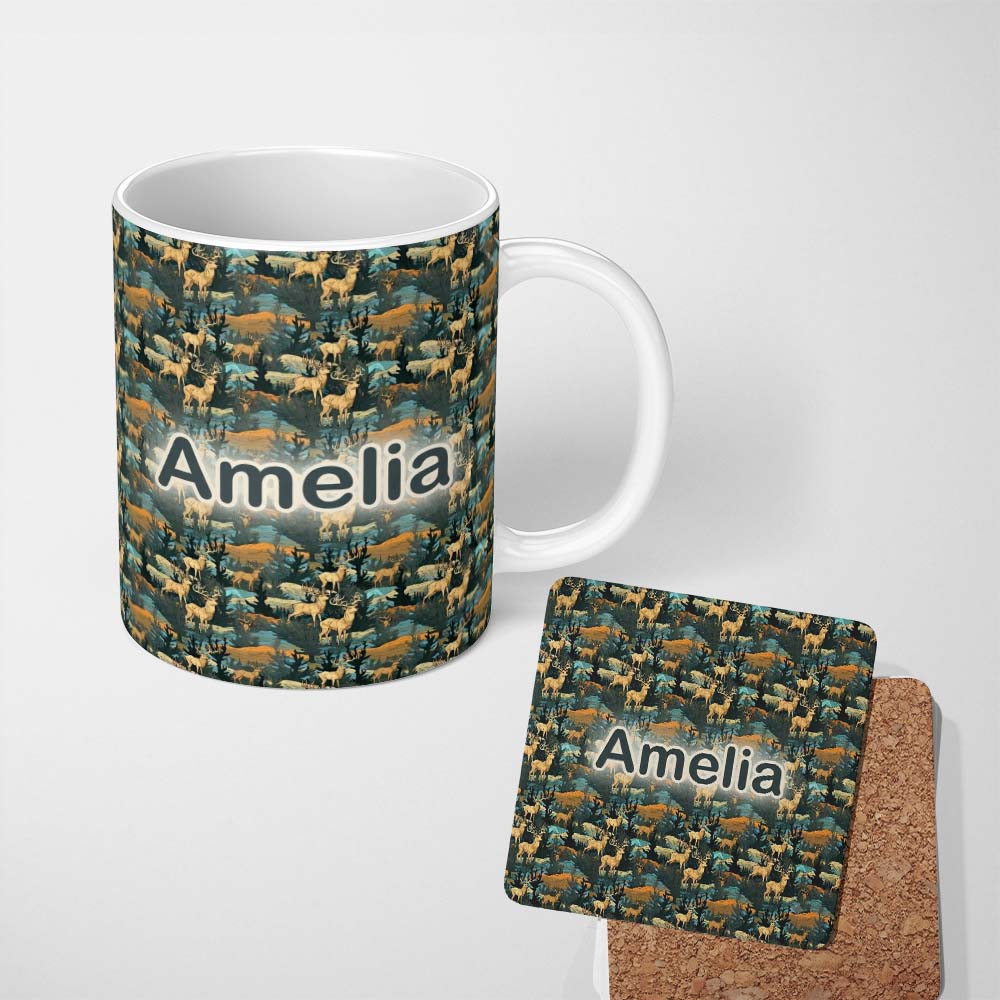 Personalized Custom Name Vintage Forest Deer with Trees and Nature Scene Seamless Pattern 11oz Ceramic Coffee Tea Mug White Large Handle