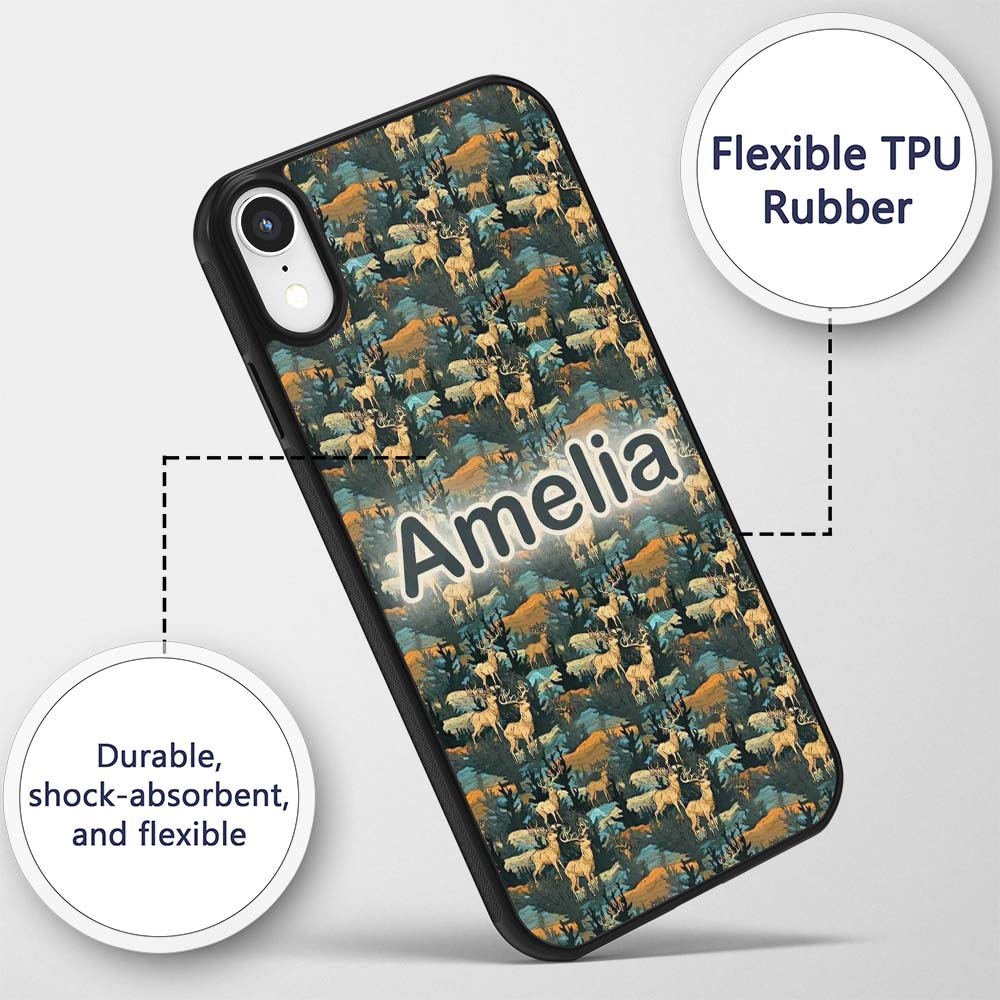 Vintage Forest Deer with Trees and Nature Scene Custom Name Protective Phone Case Mobile Cover Durable Everyday Smartphone Shock Resistant