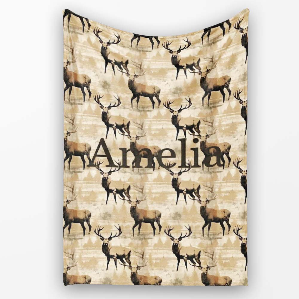 Classic Stag Deer Silhouettes on Beige Background Seamless Pattern  Personalised Custom Name Super Soft Fleece Blanket Bed Sofa Throw