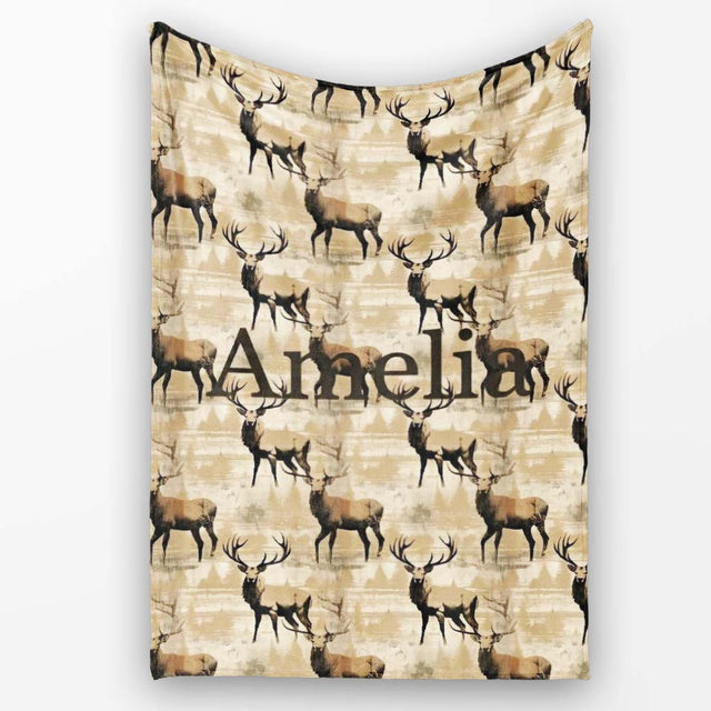 Classic Stag Deer Silhouettes on Beige Background Seamless Pattern  Personalised Custom Name Super Soft Fleece Blanket Bed Sofa Throw