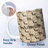 Personalized Custom Name Classic Stag Deer Silhouettes on Beige Background Seamless Pattern 11oz Ceramic Coffee Tea Mug White Large Handle