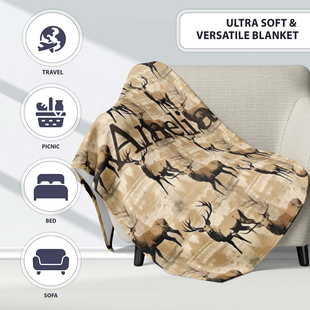 Classic Stag Deer Silhouettes on Beige Background Seamless Pattern  Personalised Custom Name Super Soft Fleece Blanket Bed Sofa Throw