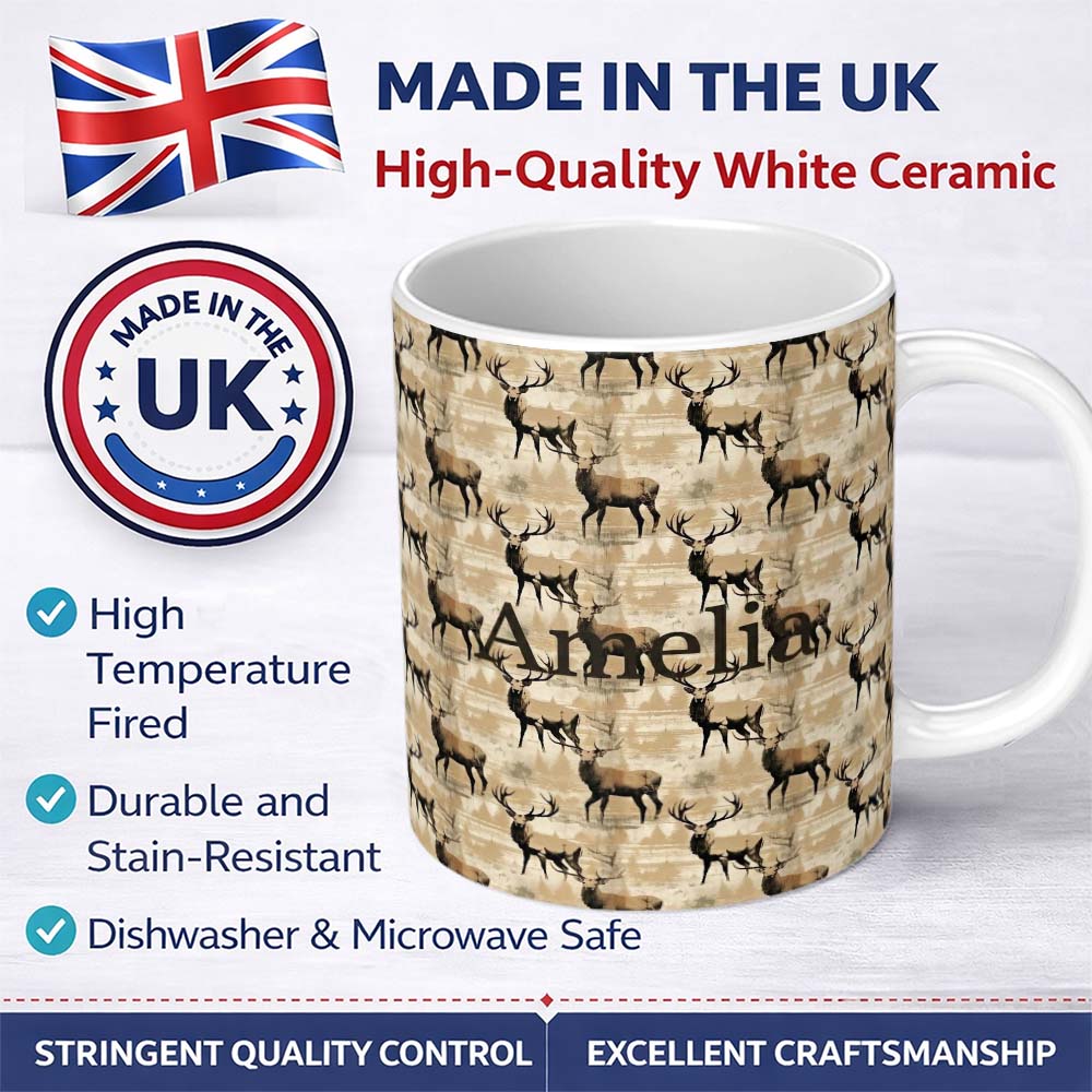 Personalized Custom Name Classic Stag Deer Silhouettes on Beige Background Seamless Pattern 11oz Ceramic Coffee Tea Mug White Large Handle