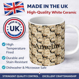 Personalized Custom Name Classic Stag Deer Silhouettes on Beige Background Seamless Pattern 11oz Ceramic Coffee Tea Mug White Large Handle