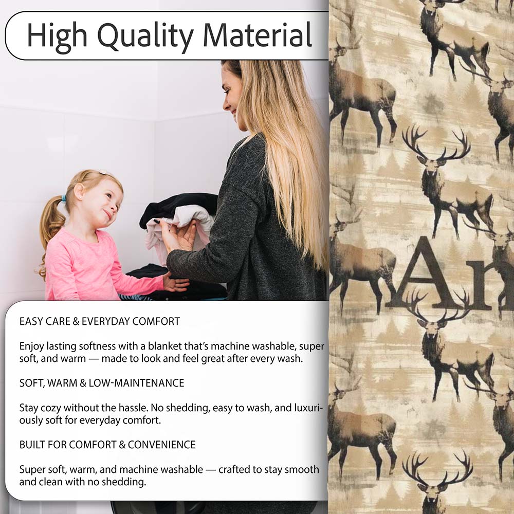 Classic Stag Deer Silhouettes on Beige Background Seamless Pattern  Personalised Custom Name Super Soft Fleece Blanket Bed Sofa Throw