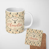 Personalized Custom Name Artistic Deer Illustration with Abstract Background Seamless 11oz Ceramic Coffee Tea Mug White Large Handle