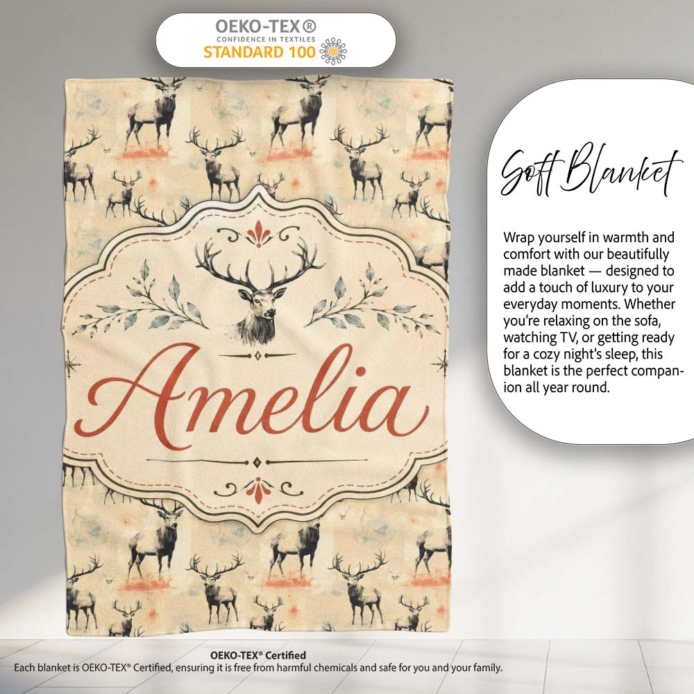 Artistic Deer Illustration with Abstract Background Seamless  Personalised Custom Name Super Soft Fleece Blanket Bed Sofa Throw