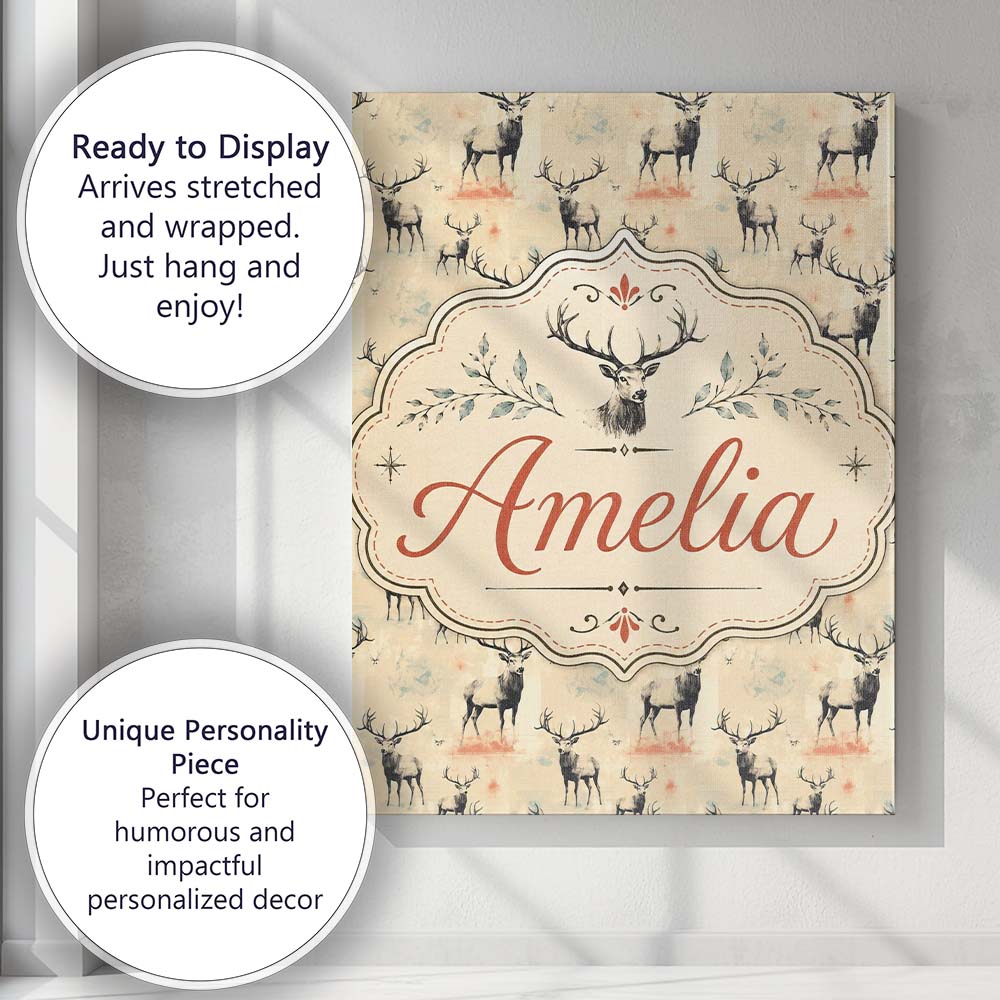 Personalised Name Artistic Deer Illustration Custom Bespoke  Contemporary Display Canvas Wall Art Print Decor Picture Ready to Hang