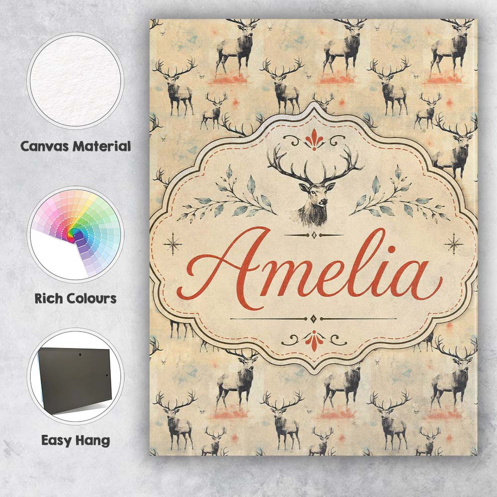 Personalised Name Artistic Deer Illustration Custom Bespoke  Contemporary Display Canvas Wall Art Print Decor Picture Ready to Hang