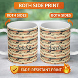 Personalized Custom Name Majestic Deer in Mountain Landscape Sunset Seamless Pattern Name 11oz Ceramic Coffee Tea Mug White Large Handle