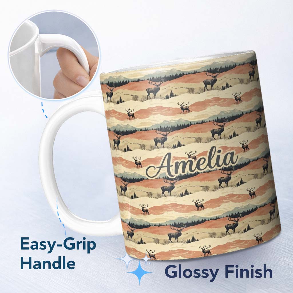 Personalized Custom Name Majestic Deer in Mountain Landscape Sunset Seamless Pattern Name 11oz Ceramic Coffee Tea Mug White Large Handle