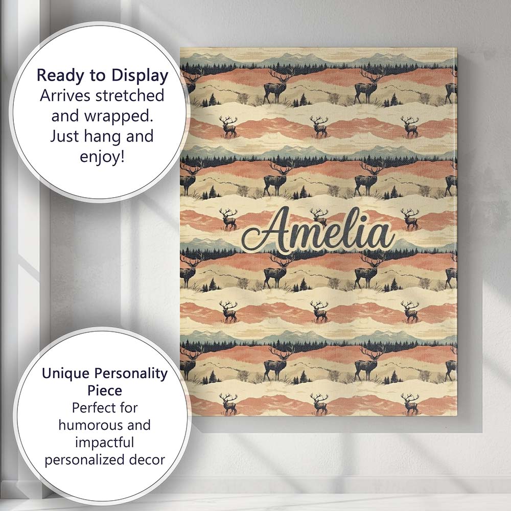 Personalised Name Majestic Deer in Mountain Custom  Bespoke Interior Contemporary Canvas Wall Art Print Decor Picture Ready to Hang