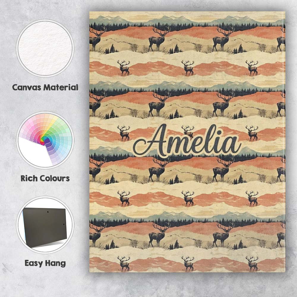 Personalised Name Majestic Deer in Mountain Custom  Bespoke Interior Contemporary Canvas Wall Art Print Decor Picture Ready to Hang