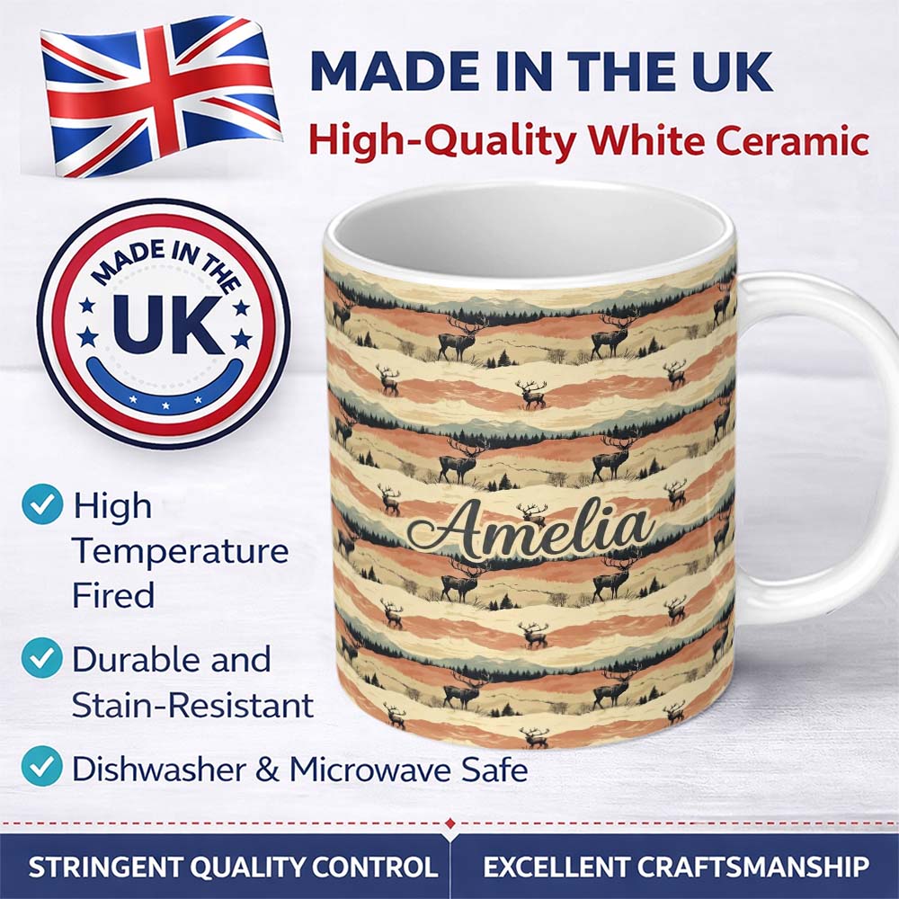 Personalized Custom Name Majestic Deer in Mountain Landscape Sunset Seamless Pattern Name 11oz Ceramic Coffee Tea Mug White Large Handle