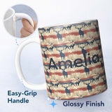 Personalized Custom Name Rustic Deer Silhouettes with Vintage Stripe Background Seamless 11oz Ceramic Coffee Tea Mug White Large Handle