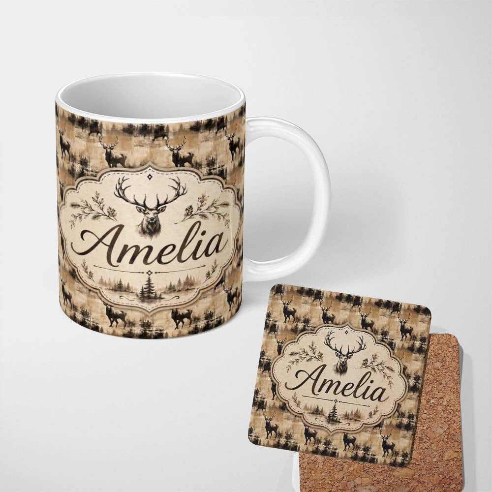 Personalized Custom Name Vintage Deer with Forest Overlay Neutral Tone Seamless Pattern Name 11oz Ceramic Coffee Tea Mug White Large Handle