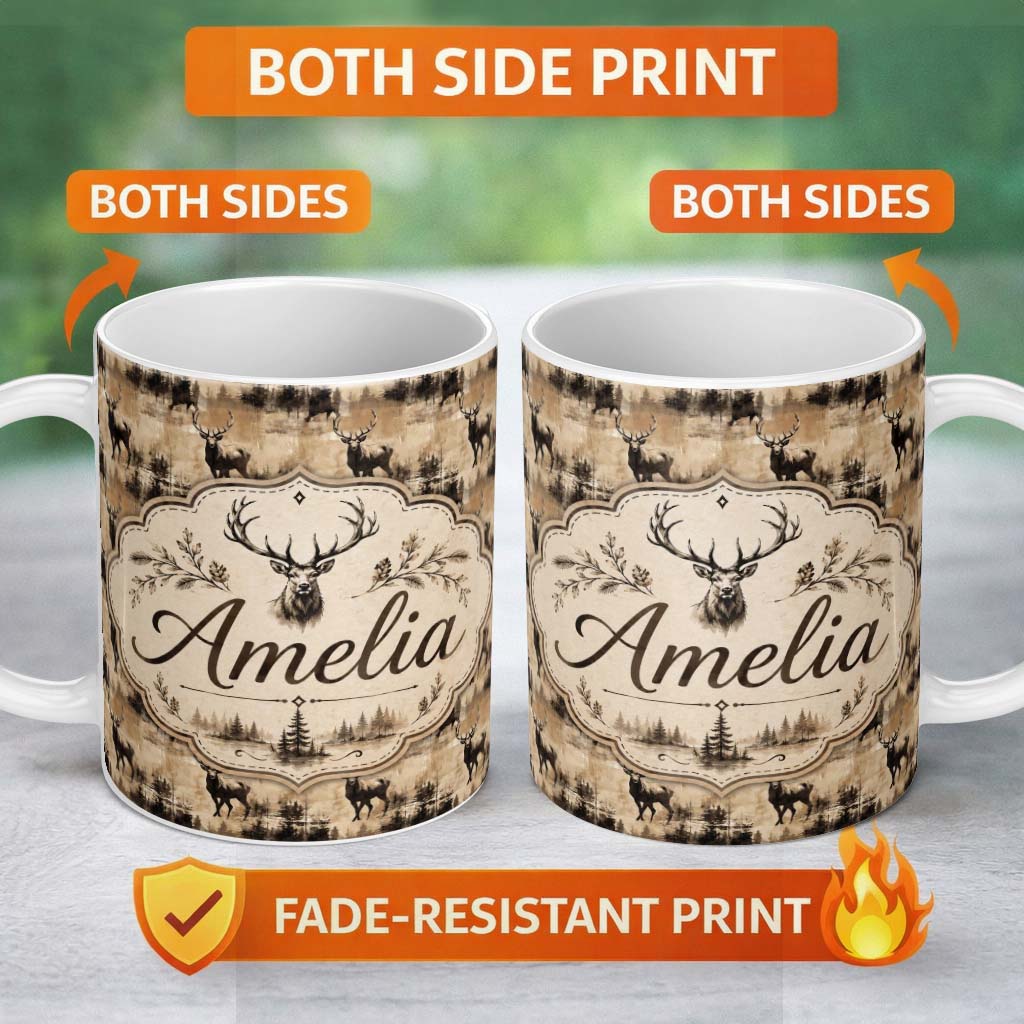 Personalized Custom Name Vintage Deer with Forest Overlay Neutral Tone Seamless Pattern Name 11oz Ceramic Coffee Tea Mug White Large Handle