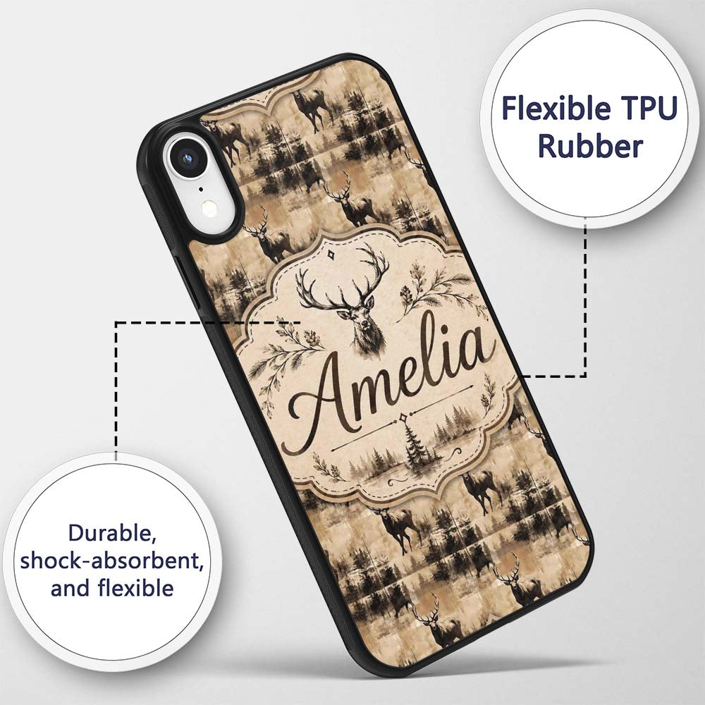 Vintage Deer with Forest Overlay Neutral Tone Custom Name Protective Phone Case Mobile Cover Durable Everyday Smartphone Shock Resistant