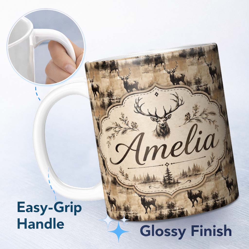 Personalized Custom Name Vintage Deer with Forest Overlay Neutral Tone Seamless Pattern Name 11oz Ceramic Coffee Tea Mug White Large Handle