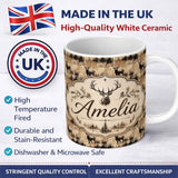 Personalized Custom Name Vintage Deer with Forest Overlay Neutral Tone Seamless Pattern Name 11oz Ceramic Coffee Tea Mug White Large Handle