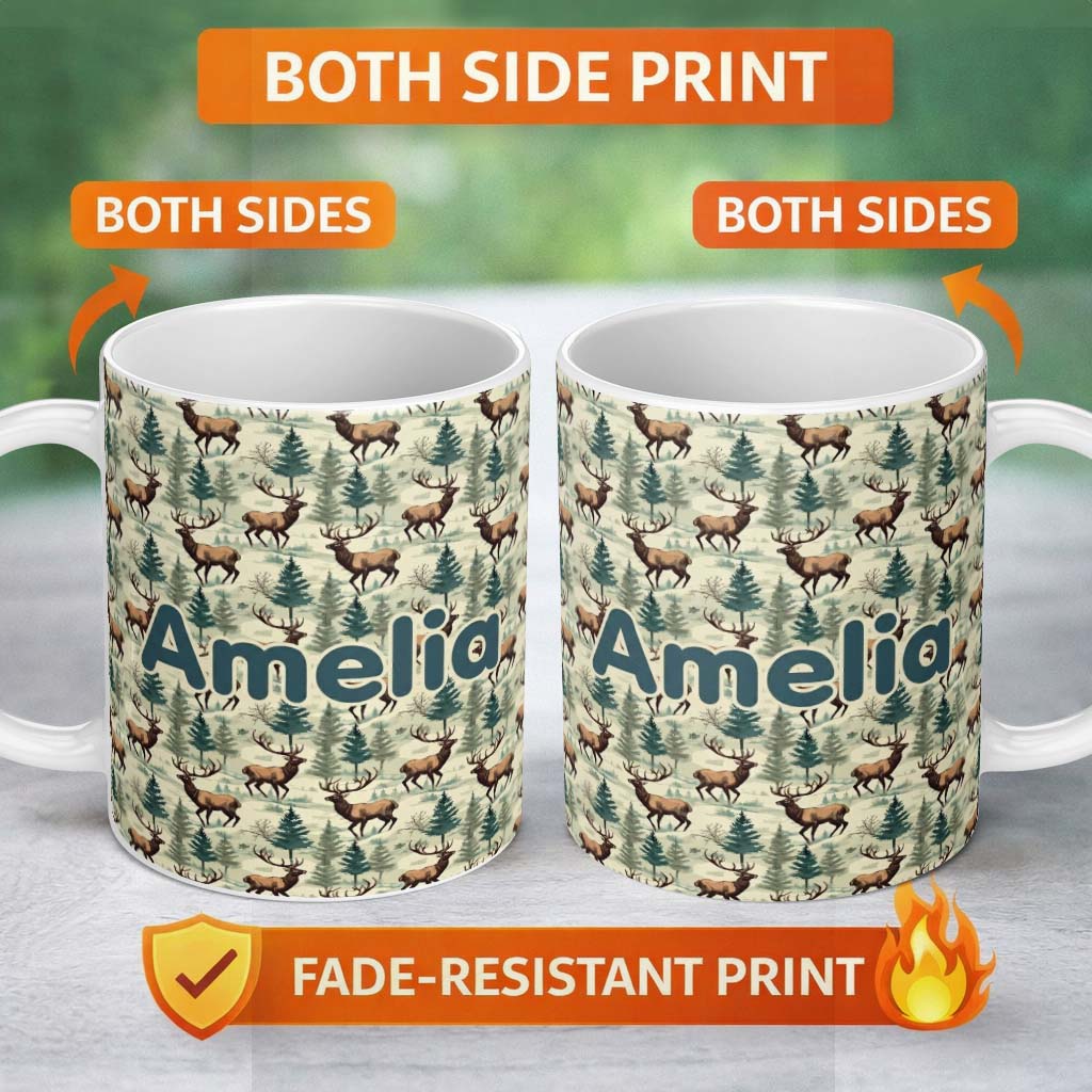 Personalized Custom Name Woodland Deer with Pine Trees Nature Scene Seamless Pattern Name 11oz Ceramic Coffee Tea Mug White Large Handle
