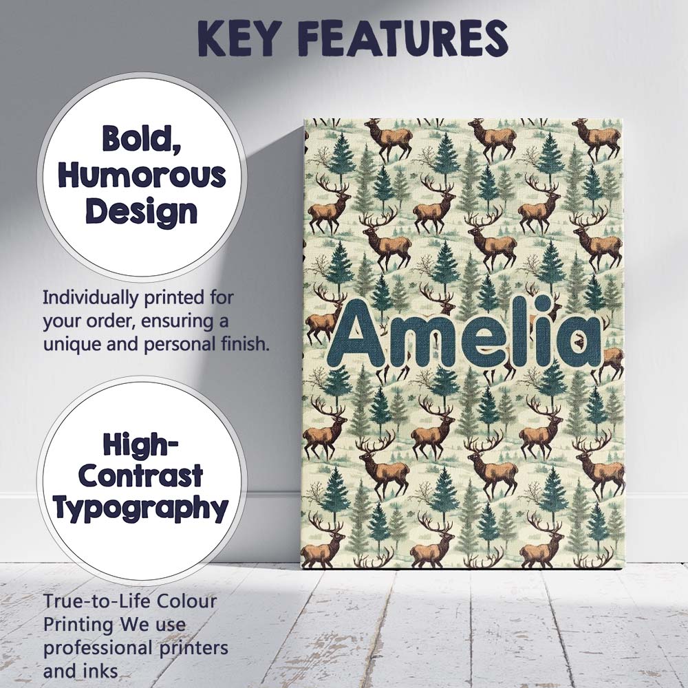Personalised Name Woodland Deer with Pine Custom  Unique Gift Idea Elegant Feature Canvas Wall Art Print Decor Picture Ready to Hang