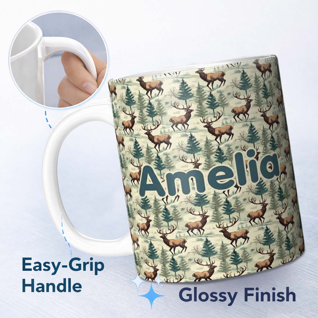 Personalized Custom Name Woodland Deer with Pine Trees Nature Scene Seamless Pattern Name 11oz Ceramic Coffee Tea Mug White Large Handle