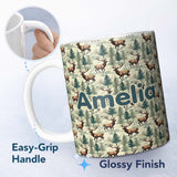 Personalized Custom Name Woodland Deer with Pine Trees Nature Scene Seamless Pattern Name 11oz Ceramic Coffee Tea Mug White Large Handle